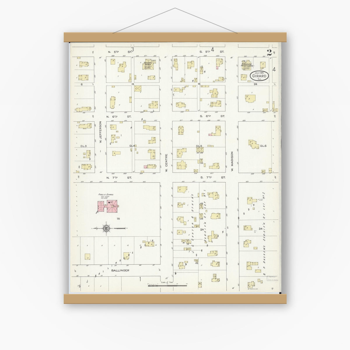 Old map wall art mockup — magnetic wood frame on white wall — Sanborn Fire Insurance Map from Girard, Macoupin County, Illinois (1914), Sheet #0002