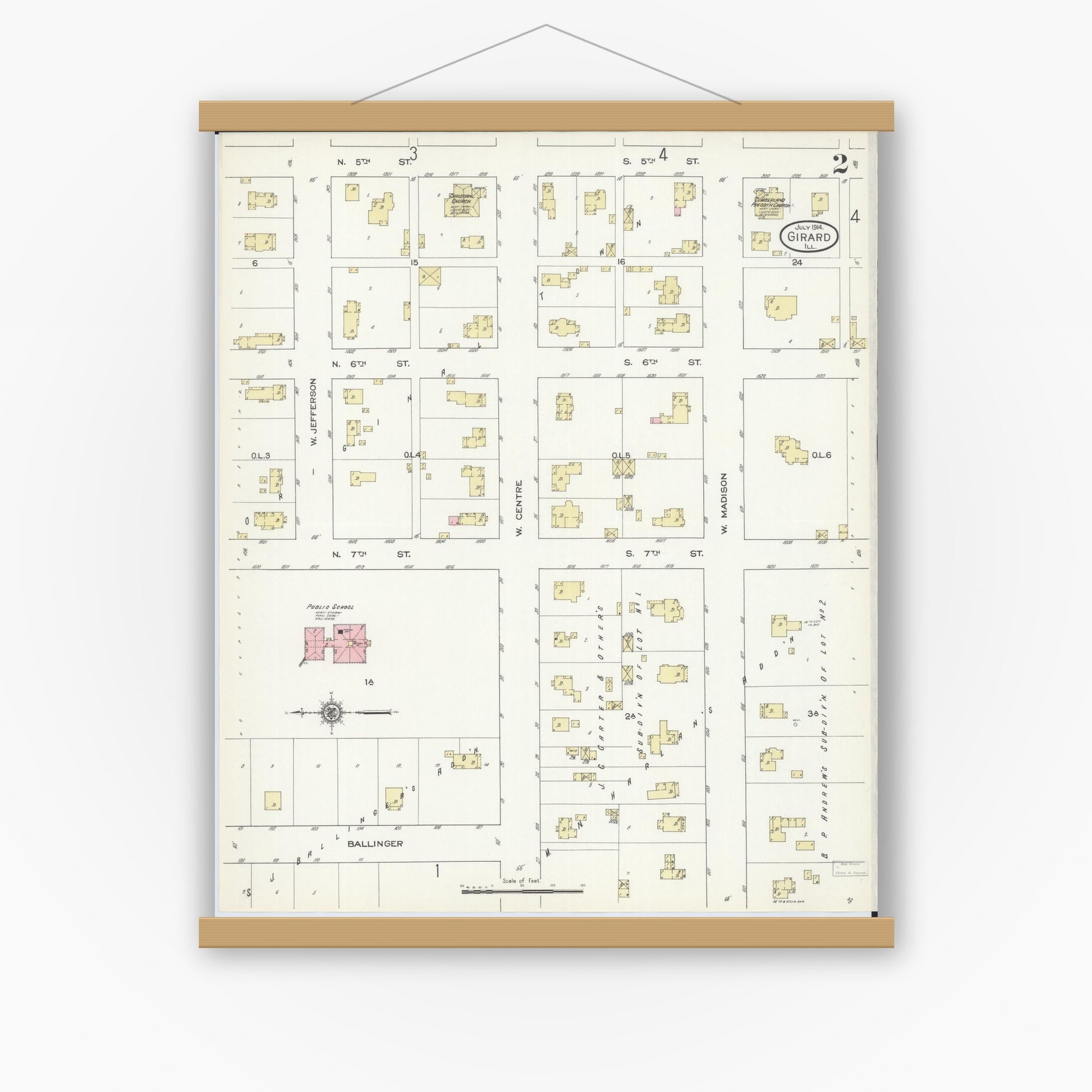 Old map wall art mockup — magnetic wood frame on white wall — Sanborn Fire Insurance Map from Girard, Macoupin County, Illinois (1914), Sheet #0002