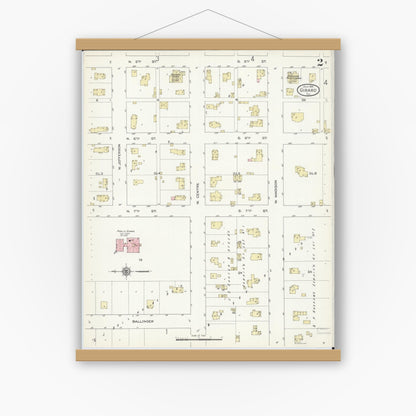 Old map wall art mockup — magnetic wood frame on white wall — Sanborn Fire Insurance Map from Girard, Macoupin County, Illinois (1914), Sheet #0002