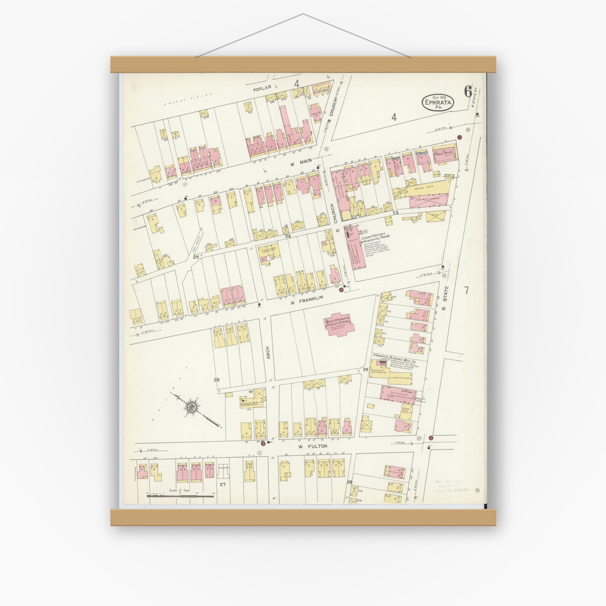 Old map wall art mockup — magnetic wood frame on white wall — Sanborn Fire Insurance Map from Ephrata, Lancaster County, Pennsylvania (1912), Sheet #0006