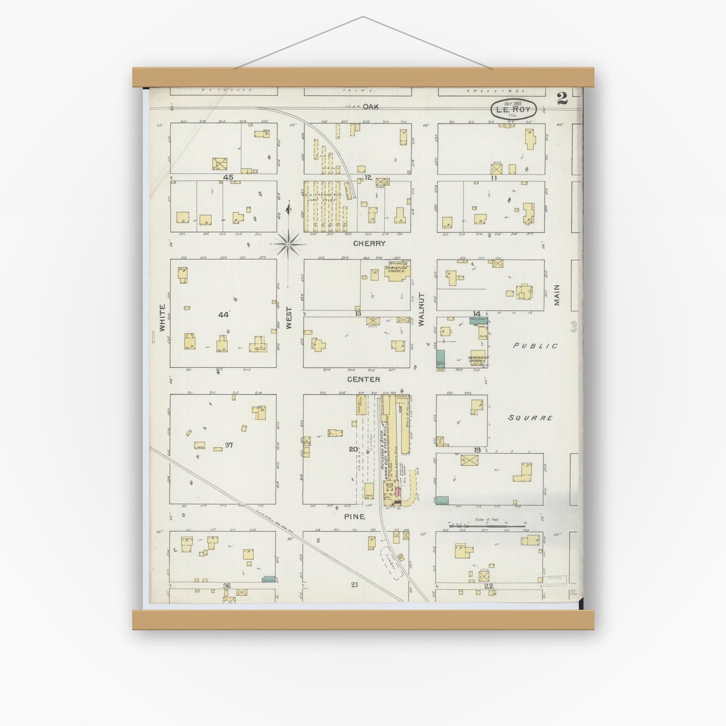 Old map wall art mockup — magnetic wood frame on white wall — Sanborn Fire Insurance Map from Leroy, McLean County, Illinois (1893), Sheet #0002