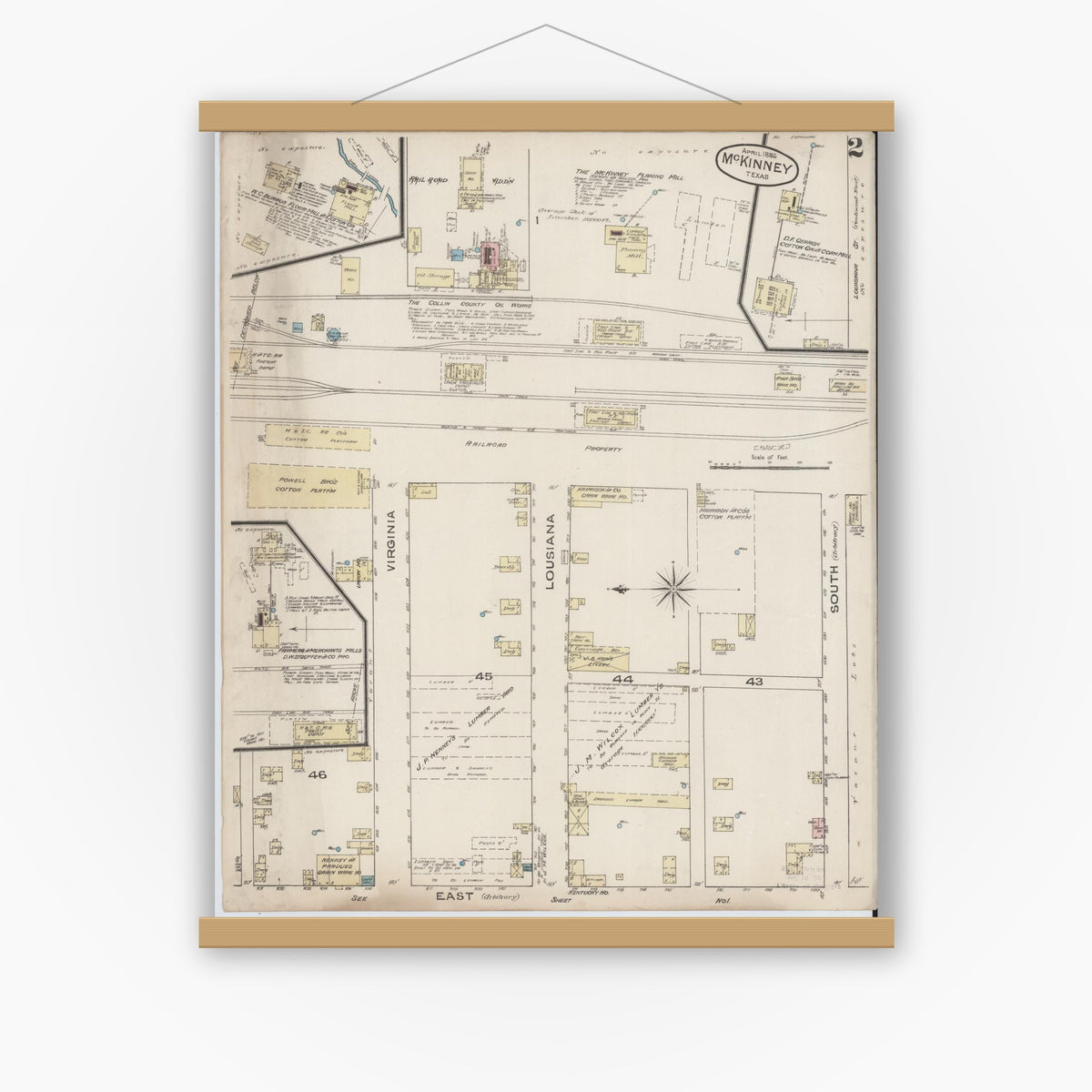 Old map wall art mockup — magnetic wood frame on white wall — Sanborn Fire Insurance Map from McKinney, Collin County, Texas (1885), Sheet #0002