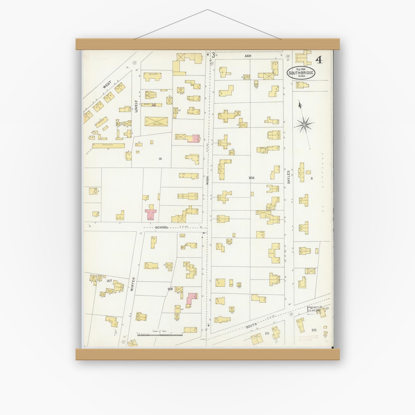 Old map wall art mockup — magnetic wood frame on white wall — Sanborn Fire Insurance Map from Southbridge, Worcester County, Massachusetts (1904), Sheet #0004
