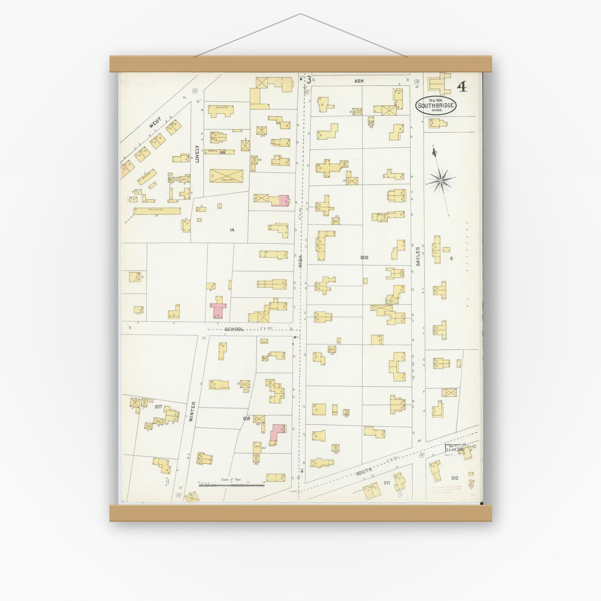 Old map wall art mockup — magnetic wood frame on white wall — Sanborn Fire Insurance Map from Southbridge, Worcester County, Massachusetts (1904), Sheet #0004
