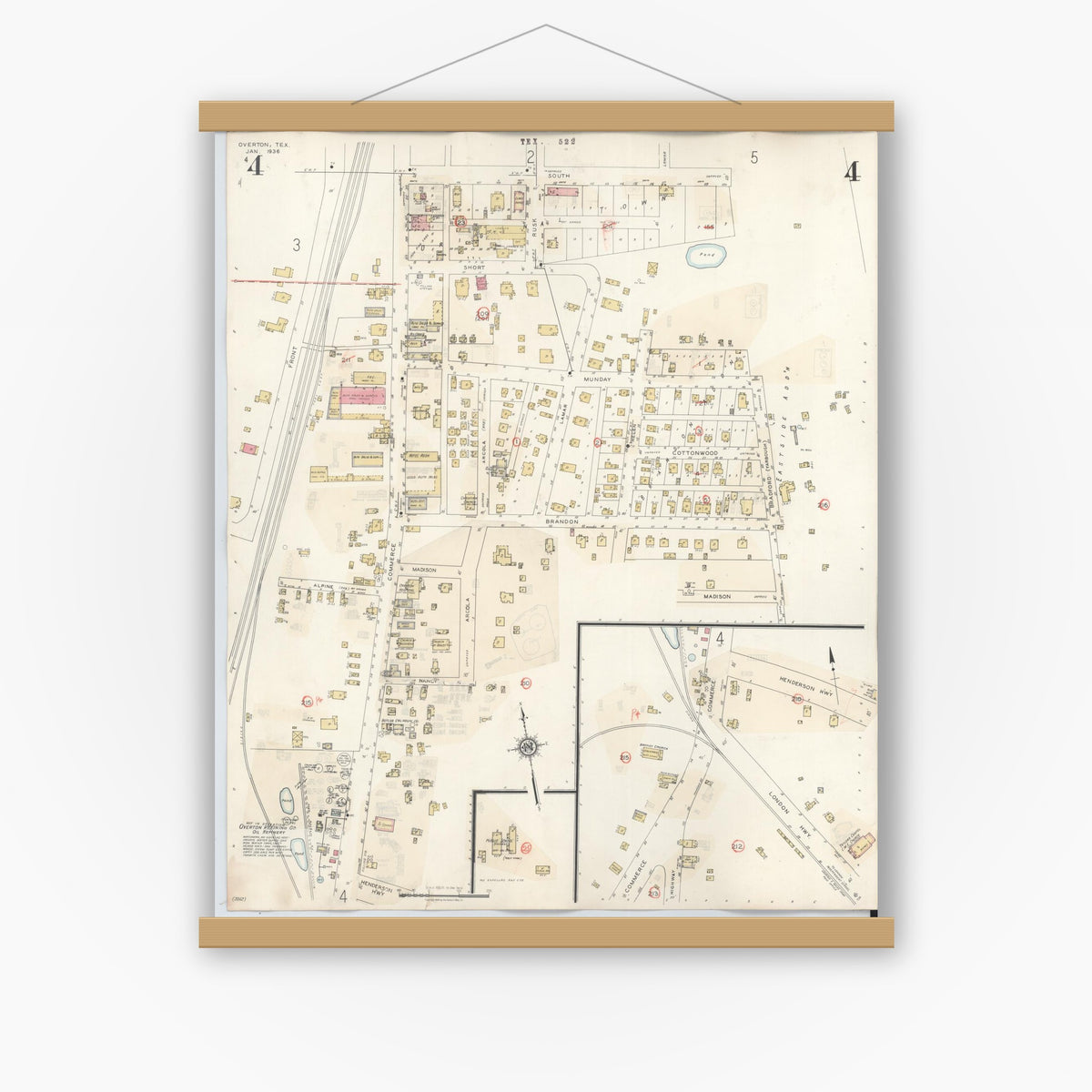 Old map wall art mockup — magnetic wood frame on white wall — Sanborn Fire Insurance Map from Overton, Rusk County, Texas (1939), Sheet #0004