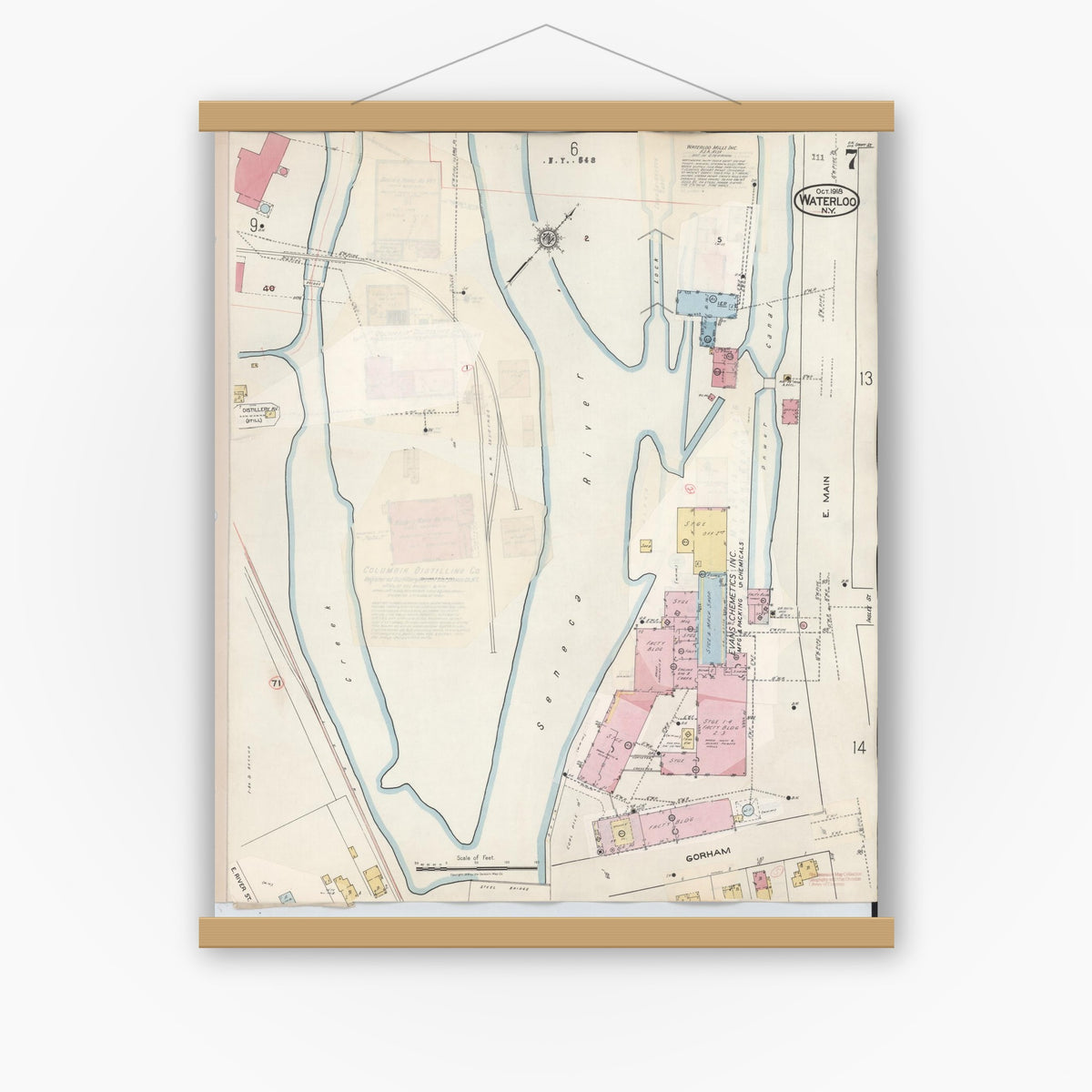 Old map wall art mockup — magnetic wood frame on white wall — Sanborn Fire Insurance Map from Waterloo, Seneca County, New York (1948), Sheet #0007