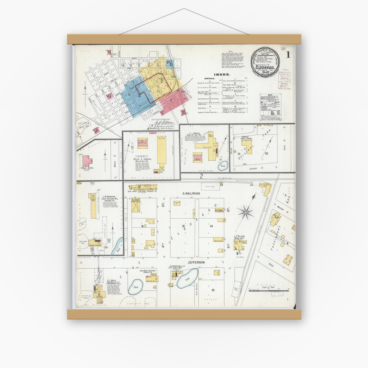 Old map wall art mockup — magnetic wood frame on white wall — Sanborn Fire Insurance Map from Eldorado, Saline County, Illinois (1900) - Complete Map Set