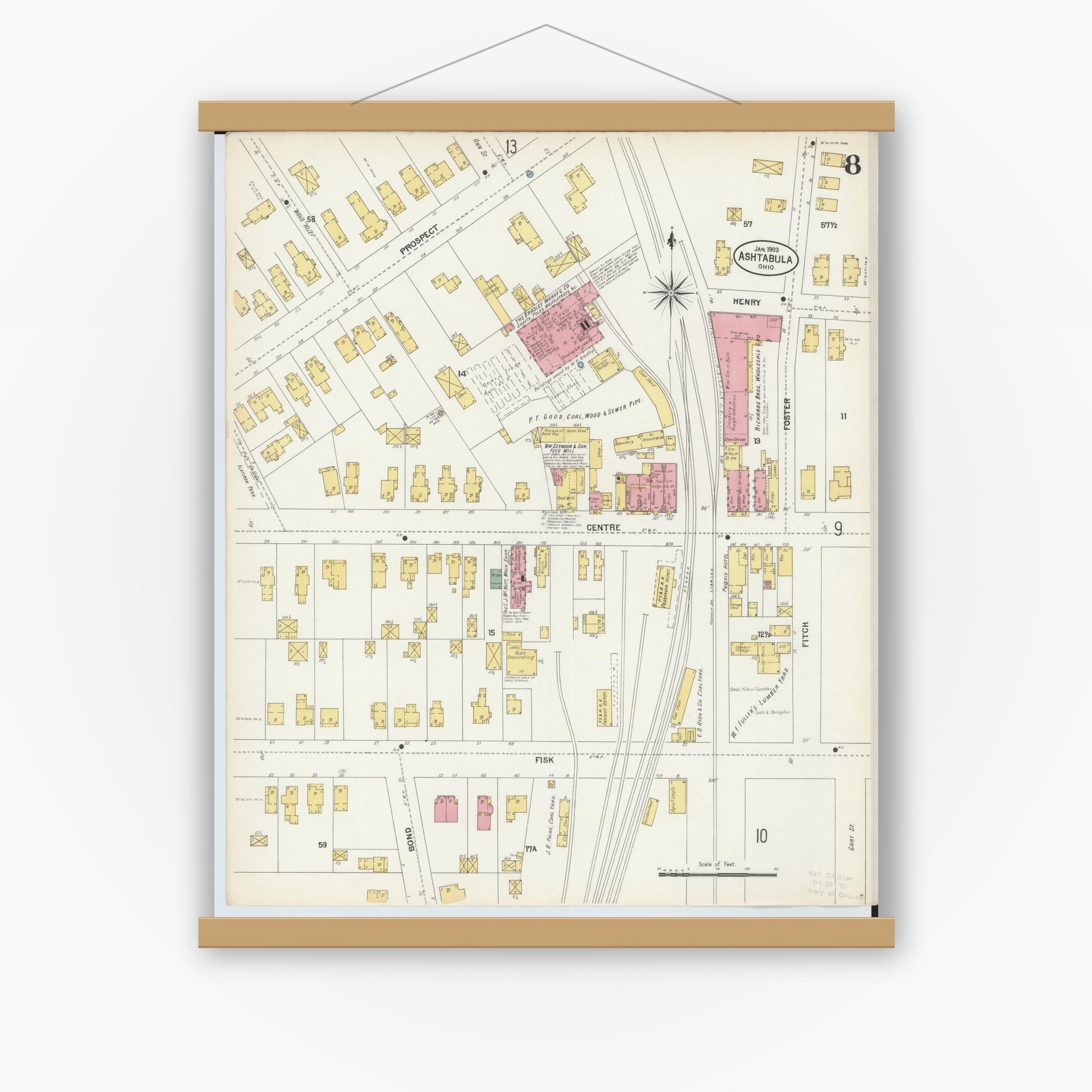 Old map wall art mockup — magnetic wood frame on white wall — Sanborn Fire Insurance Map from Ashtabula, Ashtabula County, Ohio (1903), Sheet #0008