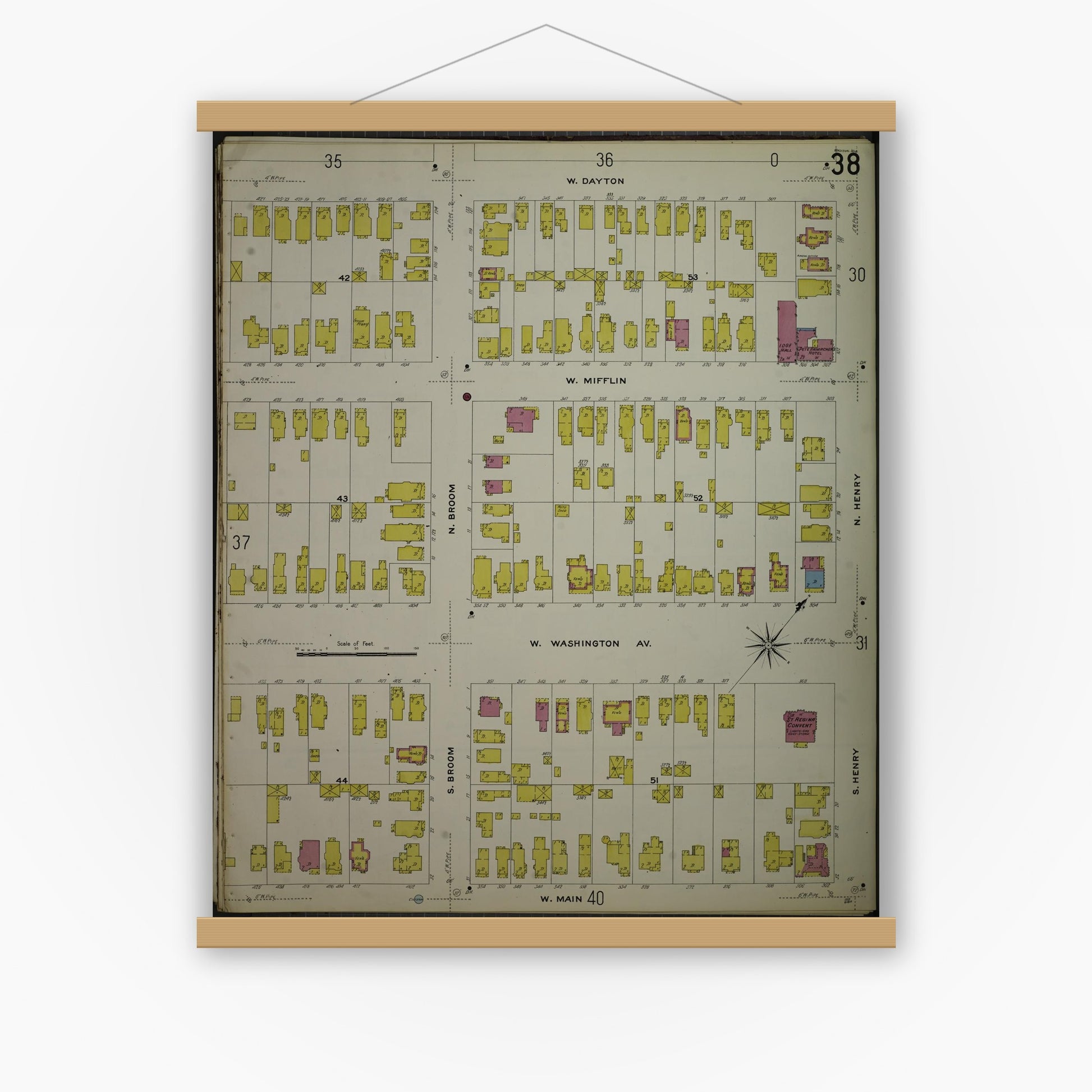 Old map wall art mockup — magnetic wood frame on white wall — Sanborn Fire Insurance Map from Madison, Dane County, Wisconsin (1908), Sheet #0038