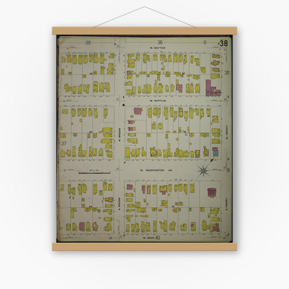 Old map wall art mockup — magnetic wood frame on white wall — Sanborn Fire Insurance Map from Madison, Dane County, Wisconsin (1908), Sheet #0038