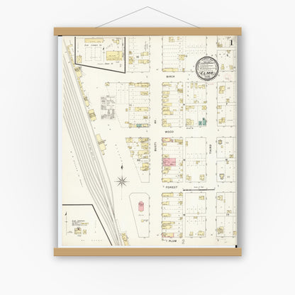 Old map wall art mockup — magnetic wood frame on white wall — Sanborn Fire Insurance Map from Elma, Howard County, Iowa (1894), Sheet #0001