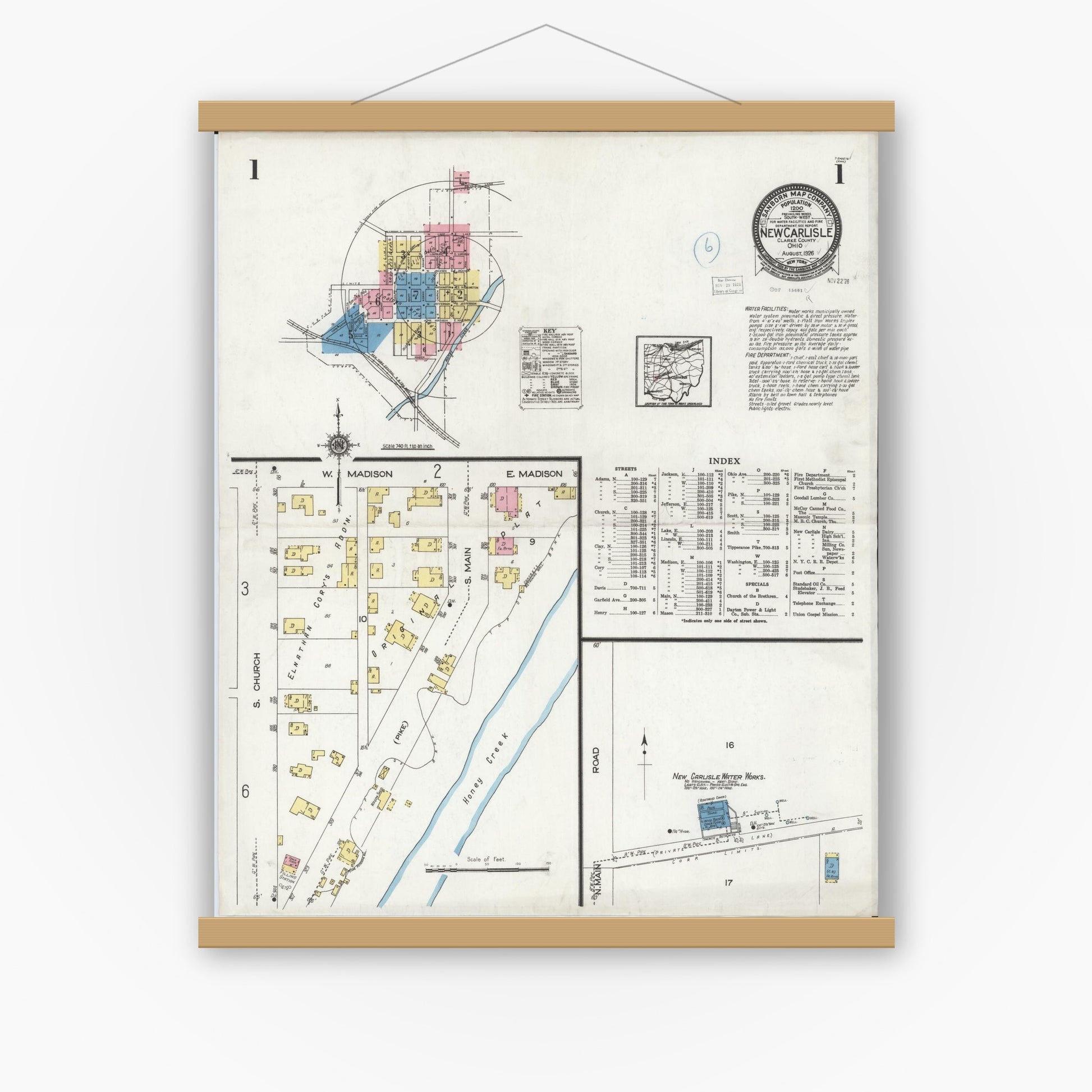 Old map wall art mockup — magnetic wood frame on white wall — Sanborn Fire Insurance Map from New Carlisle, Clarke County, Ohio (1926), Sheet #0001