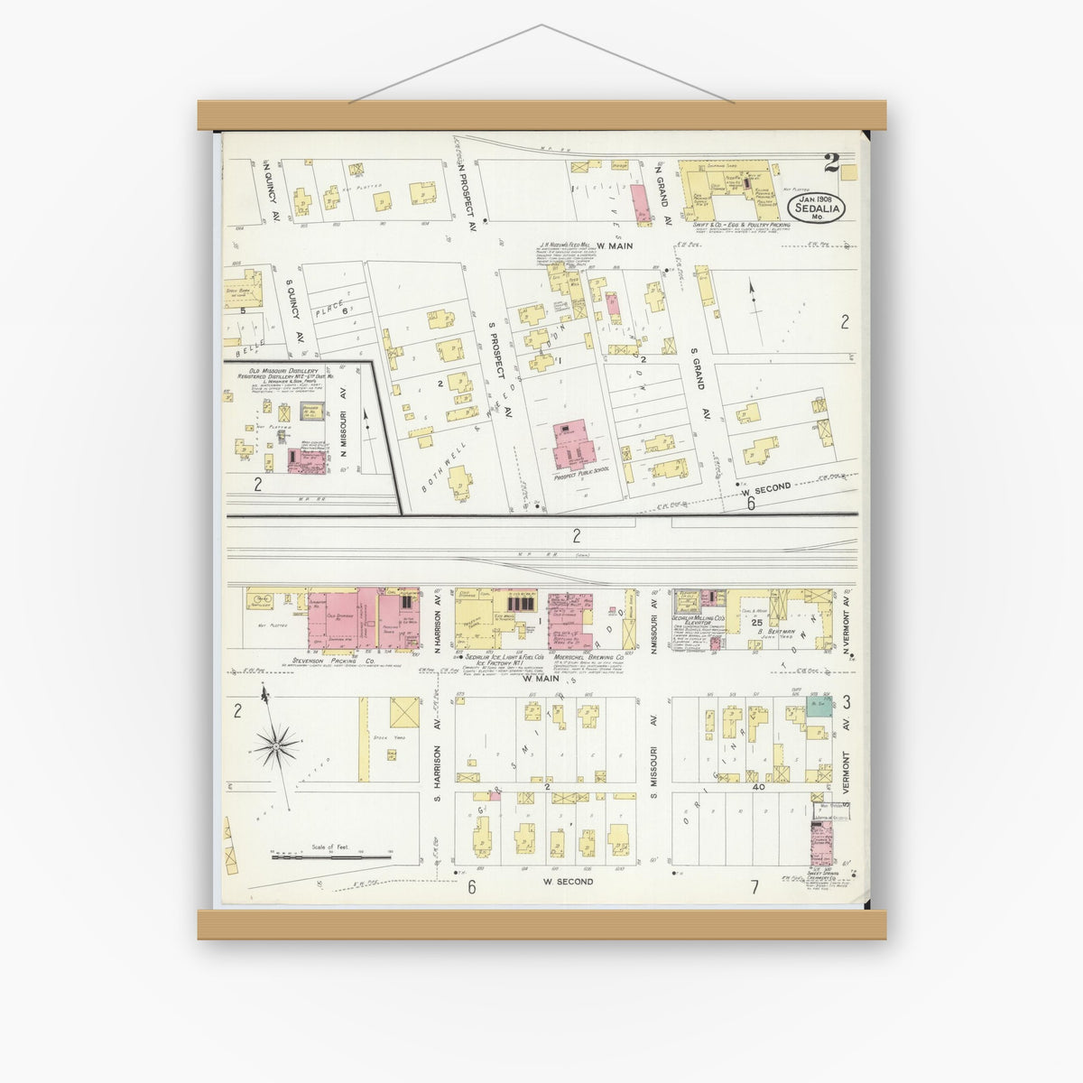 Old map wall art mockup — magnetic wood frame on white wall — Sanborn Fire Insurance Map from Sedalia, Pettis County, Missouri (1908), Sheet #0002