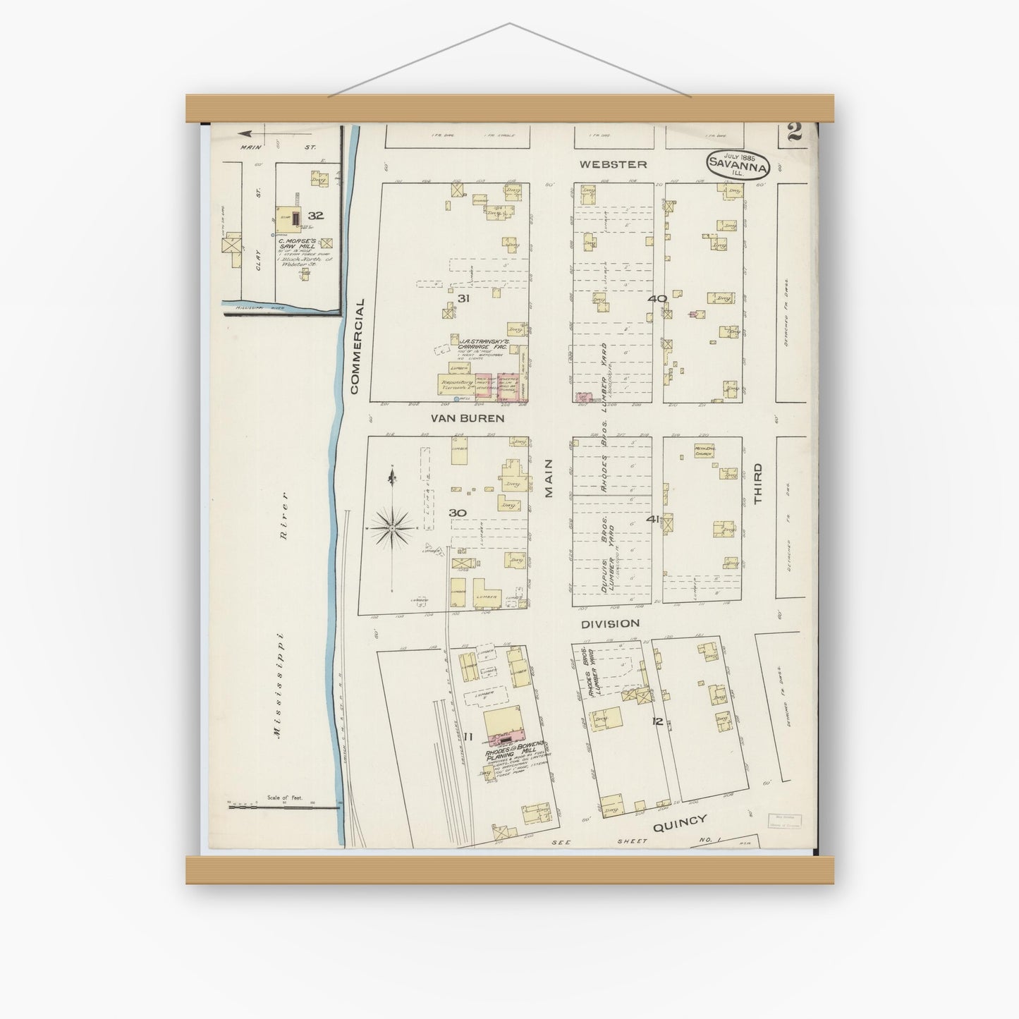 Old map wall art mockup — magnetic wood frame on white wall — Sanborn Fire Insurance Map from Savanna, Carroll County, Illinois (1885), Sheet #0002