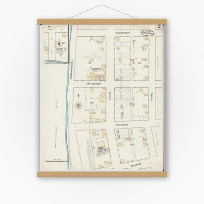 Old map wall art mockup — magnetic wood frame on white wall — Sanborn Fire Insurance Map from Savanna, Carroll County, Illinois (1885), Sheet #0002