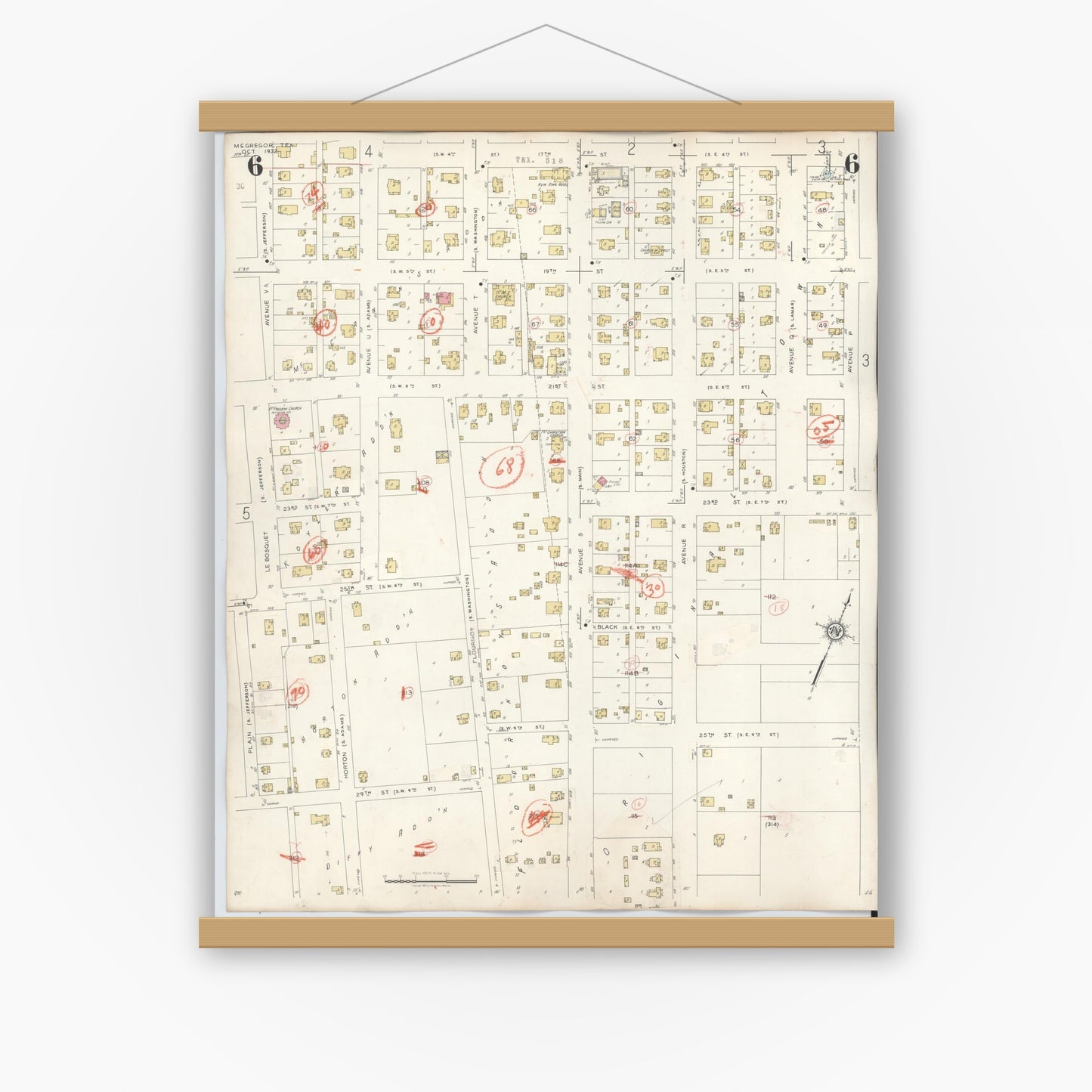 Old map wall art mockup — magnetic wood frame on white wall — Sanborn Fire Insurance Map from McGregor, McLennan County, Texas (1942), Sheet #0006