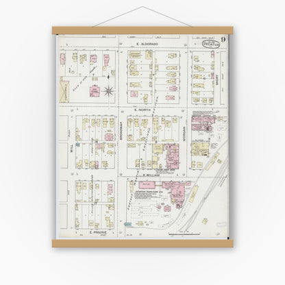 Old map wall art mockup — magnetic wood frame on white wall — Sanborn Fire Insurance Map from Decatur, Macon County, Illinois (1887), Sheet #0009