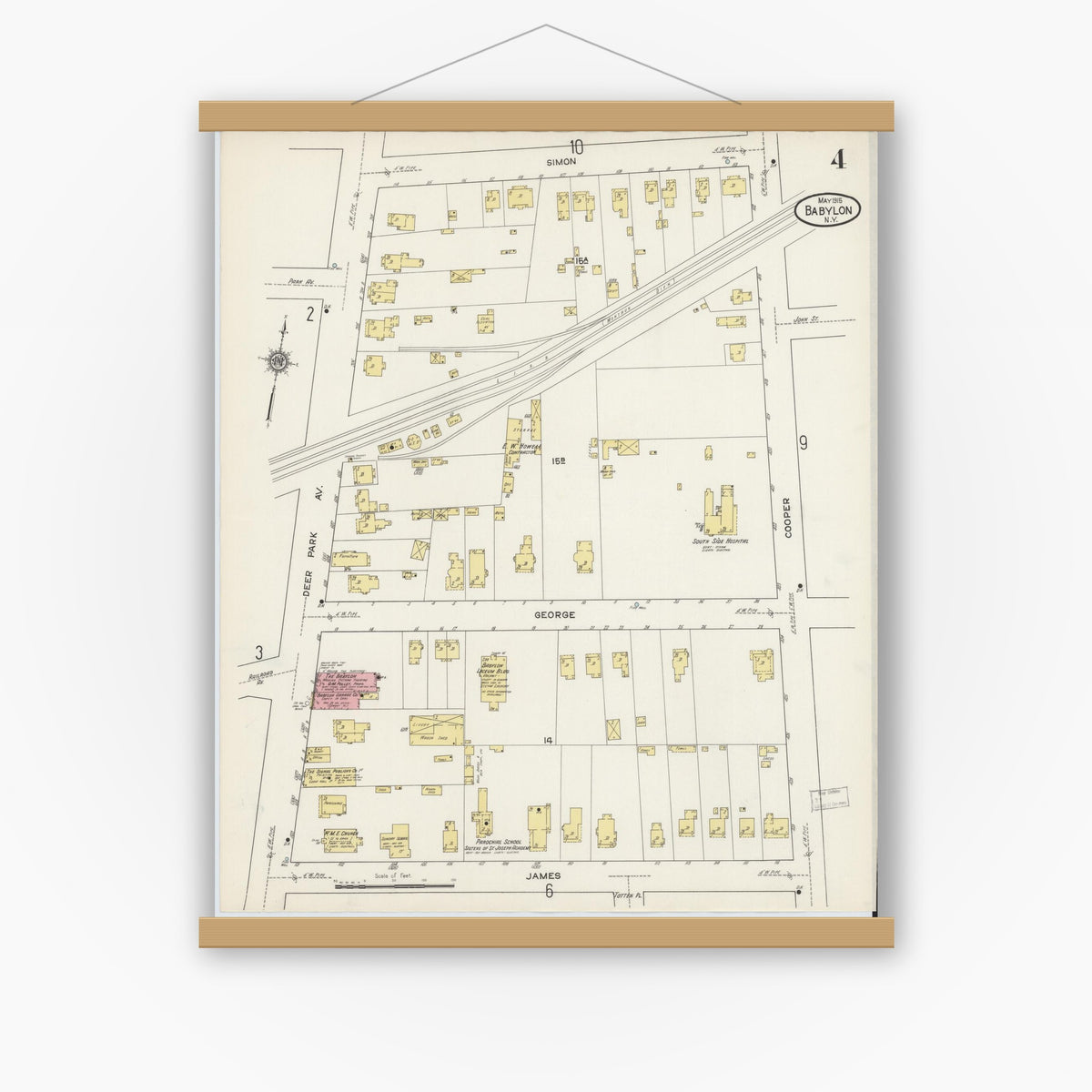 Old map wall art mockup — magnetic wood frame on white wall — Sanborn Fire Insurance Map from Babylon, Suffolk County, New York (1915), Sheet #0004