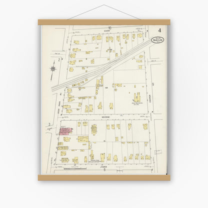 Old map wall art mockup — magnetic wood frame on white wall — Sanborn Fire Insurance Map from Babylon, Suffolk County, New York (1915), Sheet #0004