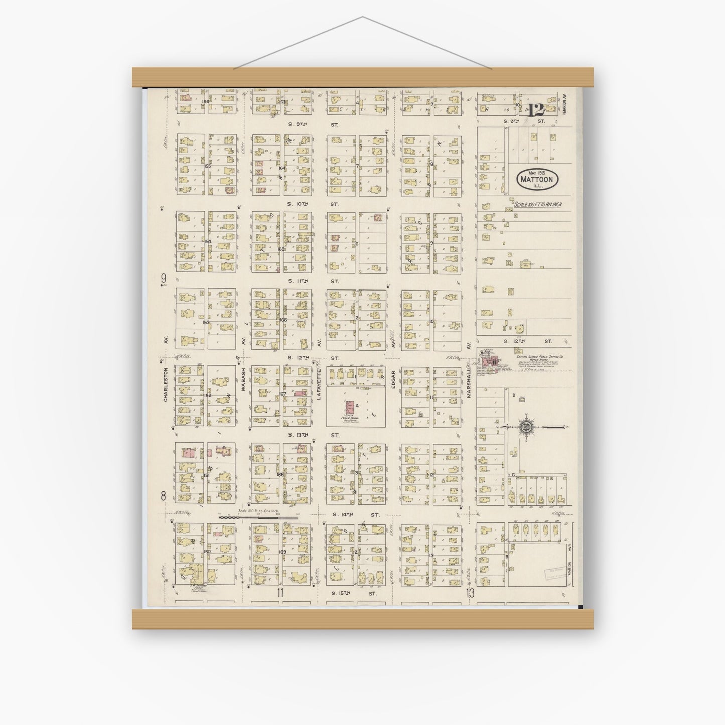 Old map wall art mockup — magnetic wood frame on white wall — Sanborn Fire Insurance Map from Mattoon, Coles County, Illinois (1915), Sheet #0012