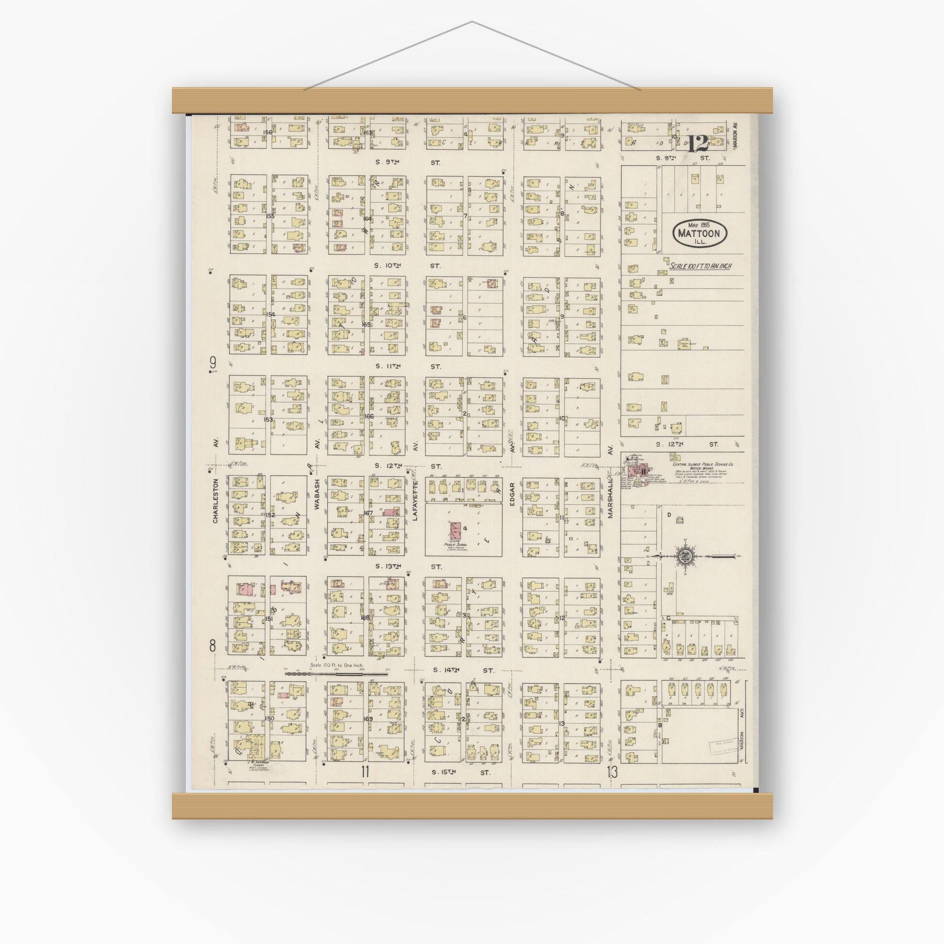 Old map wall art mockup — magnetic wood frame on white wall — Sanborn Fire Insurance Map from Mattoon, Coles County, Illinois (1915), Sheet #0012