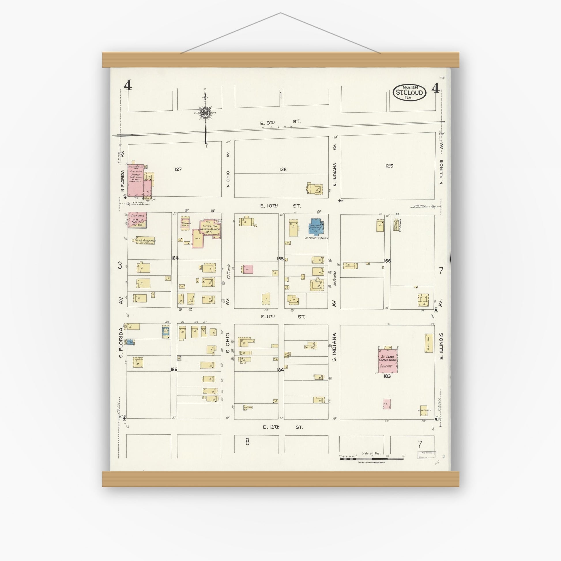 Old map wall art mockup — magnetic wood frame on white wall — Sanborn Fire Insurance Map from Saint Cloud, Osceola County, Florida (1924), Sheet #0004