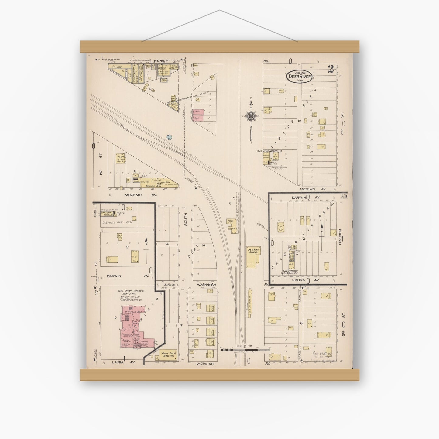 Old map wall art mockup — magnetic wood frame on white wall — Sanborn Fire Insurance Map from Deer River, Itasca County, Minnesota (1922), Sheet #0002
