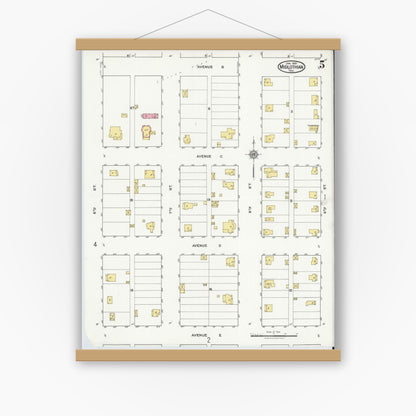 Old map wall art mockup — magnetic wood frame on white wall — Sanborn Fire Insurance Map from Midlothian, Ellis County, Texas (1921), Sheet #0005