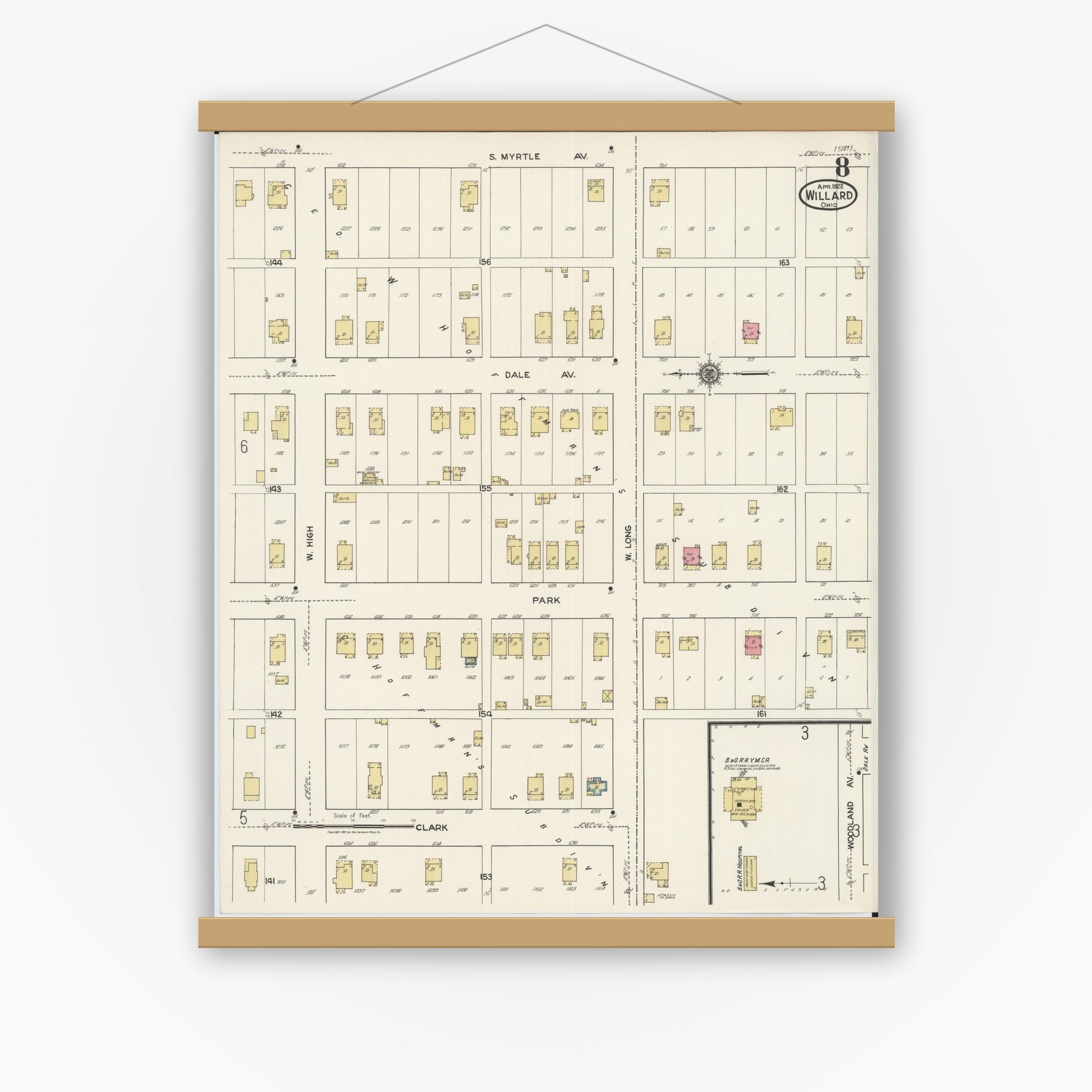 Old map wall art mockup — magnetic wood frame on white wall — Sanborn Fire Insurance Map from Willard, Huron County, Ohio (1922), Sheet #0008