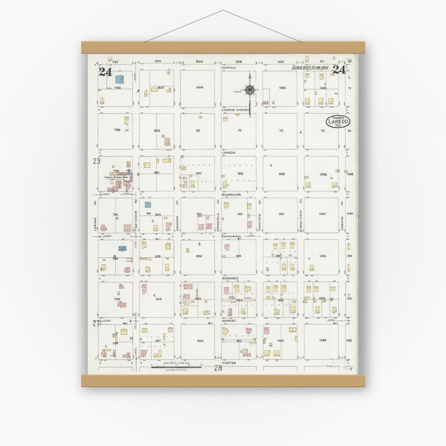Old map wall art mockup — magnetic wood frame on white wall — Sanborn Fire Insurance Map from Laredo, Webb County, Texas (1925), Sheet #0024
