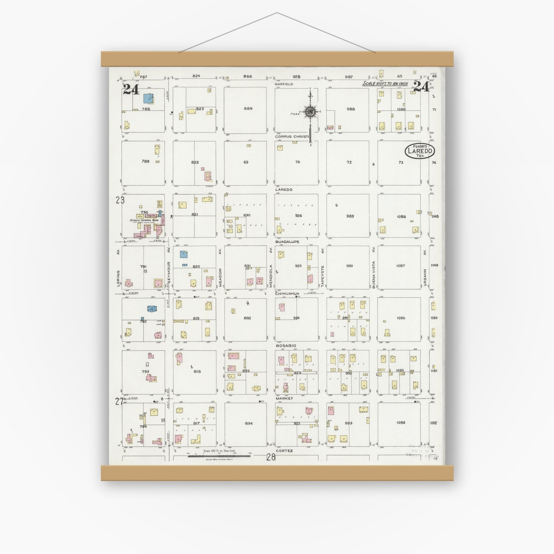 Old map wall art mockup — magnetic wood frame on white wall — Sanborn Fire Insurance Map from Laredo, Webb County, Texas (1925), Sheet #0024