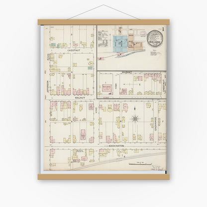 Old map wall art mockup — magnetic wood frame on white wall — Sanborn Fire Insurance Map from New Lisbon, Columbiana County, Ohio (1887) - Complete Map Set