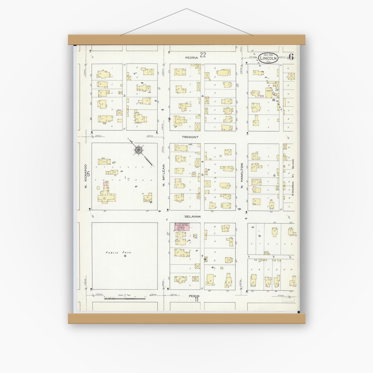 Old map wall art mockup — magnetic wood frame on white wall — Sanborn Fire Insurance Map from Lincoln, Logan County, Illinois (1914), Sheet #0006