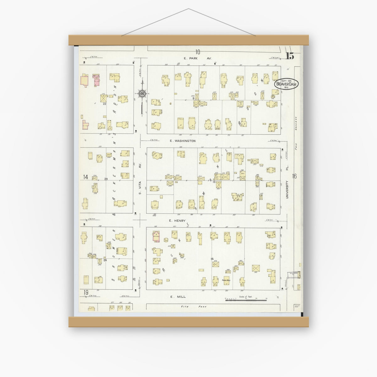 Old map wall art mockup — magnetic wood frame on white wall — Sanborn Fire Insurance Map from Beaver Dam, Dodge County, Wisconsin (1914), Sheet #0015