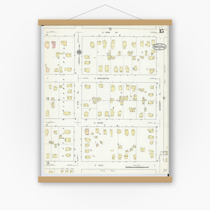 Old map wall art mockup — magnetic wood frame on white wall — Sanborn Fire Insurance Map from Beaver Dam, Dodge County, Wisconsin (1914), Sheet #0015