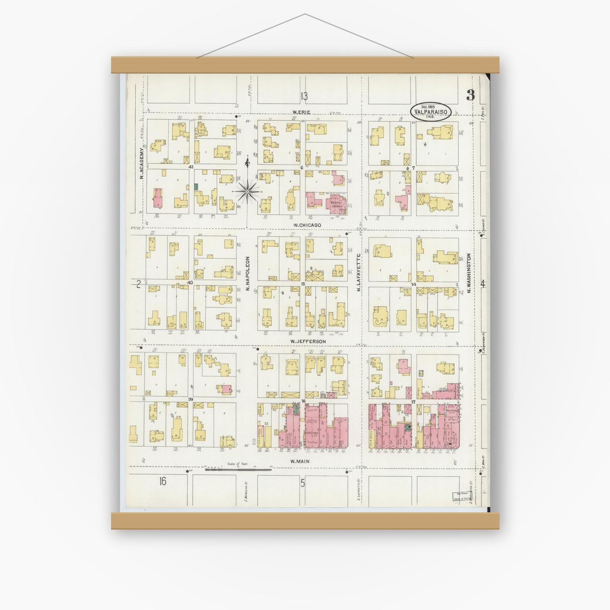 Old map wall art mockup — magnetic wood frame on white wall — Sanborn Fire Insurance Map from Valparaiso, Porter County, Indiana (1905), Sheet #0003