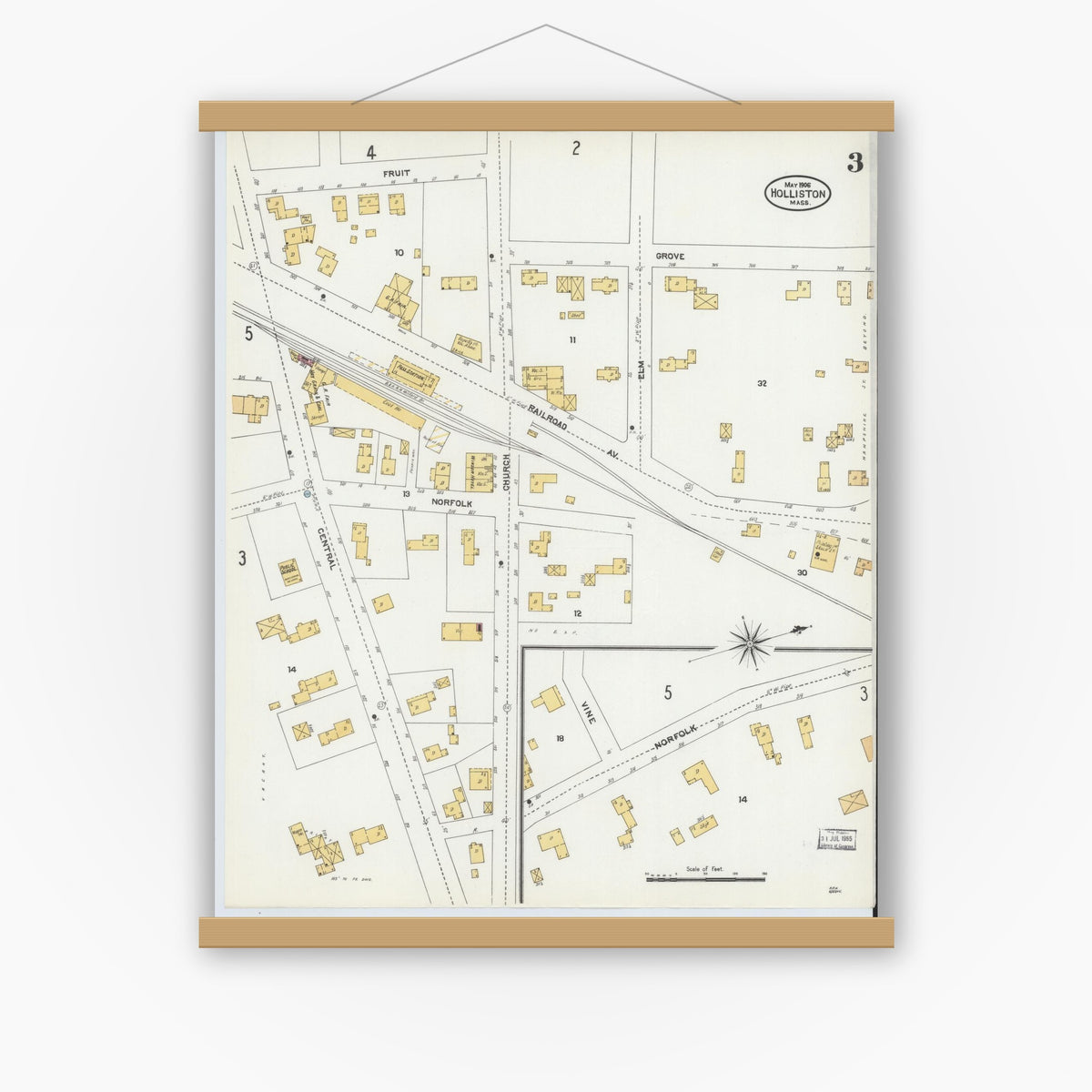 Old map wall art mockup — magnetic wood frame on white wall — Sanborn Fire Insurance Map from Holliston, Middlesex County, Massachusetts (1906), Sheet #0003