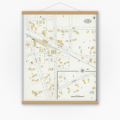 Old map wall art mockup — magnetic wood frame on white wall — Sanborn Fire Insurance Map from Holliston, Middlesex County, Massachusetts (1906), Sheet #0003