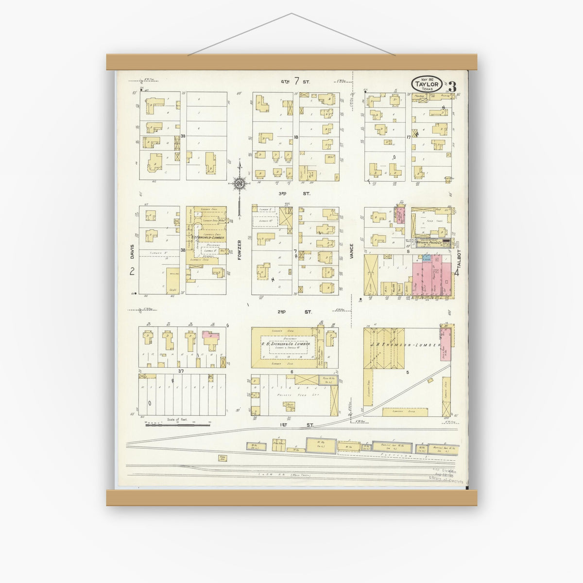 Old map wall art mockup — magnetic wood frame on white wall — Sanborn Fire Insurance Map from Taylor, Williamson County, Texas (1912), Sheet #0003