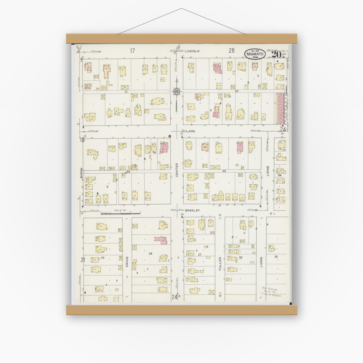 Old map wall art mockup — magnetic wood frame on white wall — Sanborn Fire Insurance Map from Mankato, Blue Earth County, Minnesota (1914), Sheet #0020