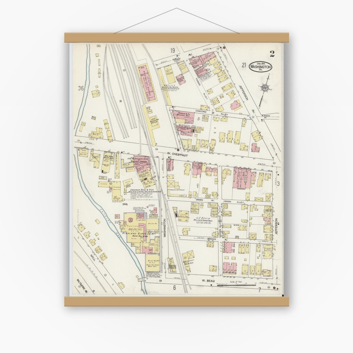 Old map wall art mockup — magnetic wood frame on white wall — Sanborn Fire Insurance Map from Washington, Washington County, Pennsylvania (1914), Sheet #0002