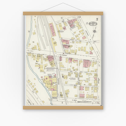 Old map wall art mockup — magnetic wood frame on white wall — Sanborn Fire Insurance Map from Washington, Washington County, Pennsylvania (1914), Sheet #0002