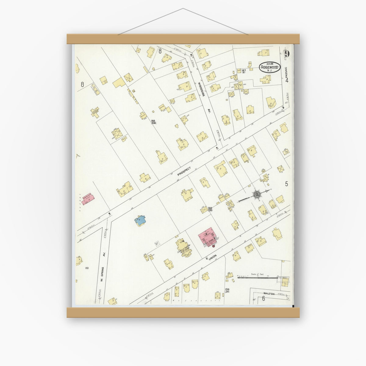 Old map wall art mockup — magnetic wood frame on white wall — Sanborn Fire Insurance Map from Ridgewood, Bergen County, New Jersey (1911), Sheet #0009