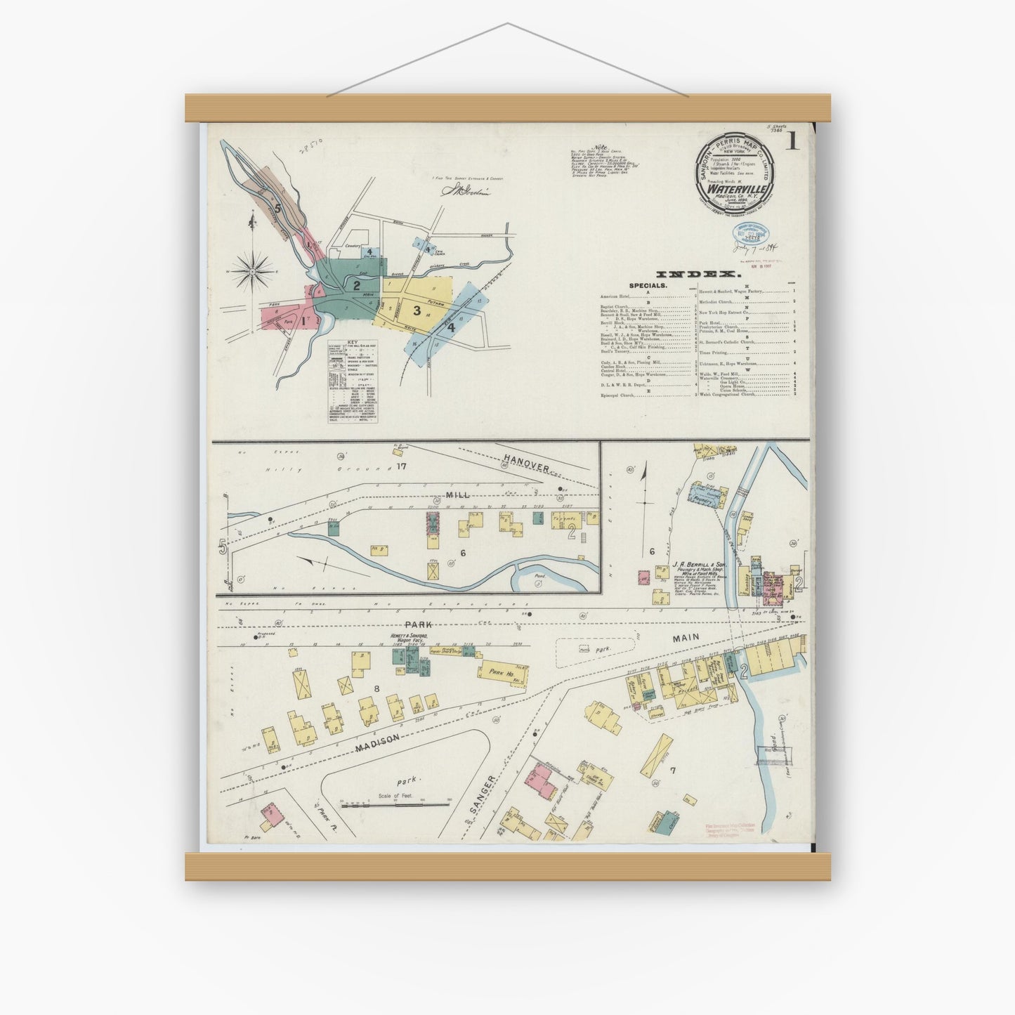 Old map wall art mockup — magnetic wood frame on white wall — Sanborn Fire Insurance Map from Waterville, Oneida County, New York (1894), Sheet #0001