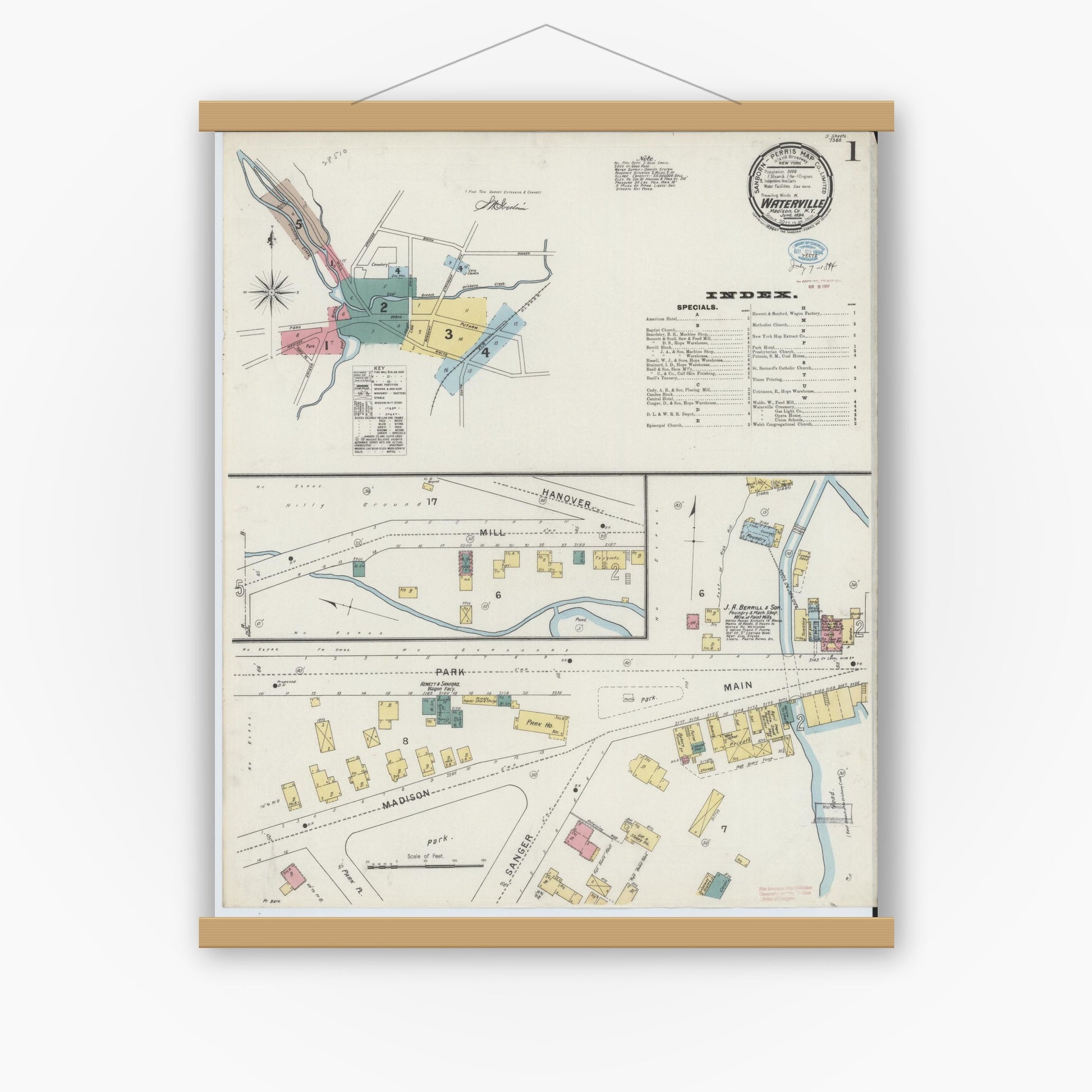 Old map wall art mockup — magnetic wood frame on white wall — Sanborn Fire Insurance Map from Waterville, Oneida County, New York (1894), Sheet #0001
