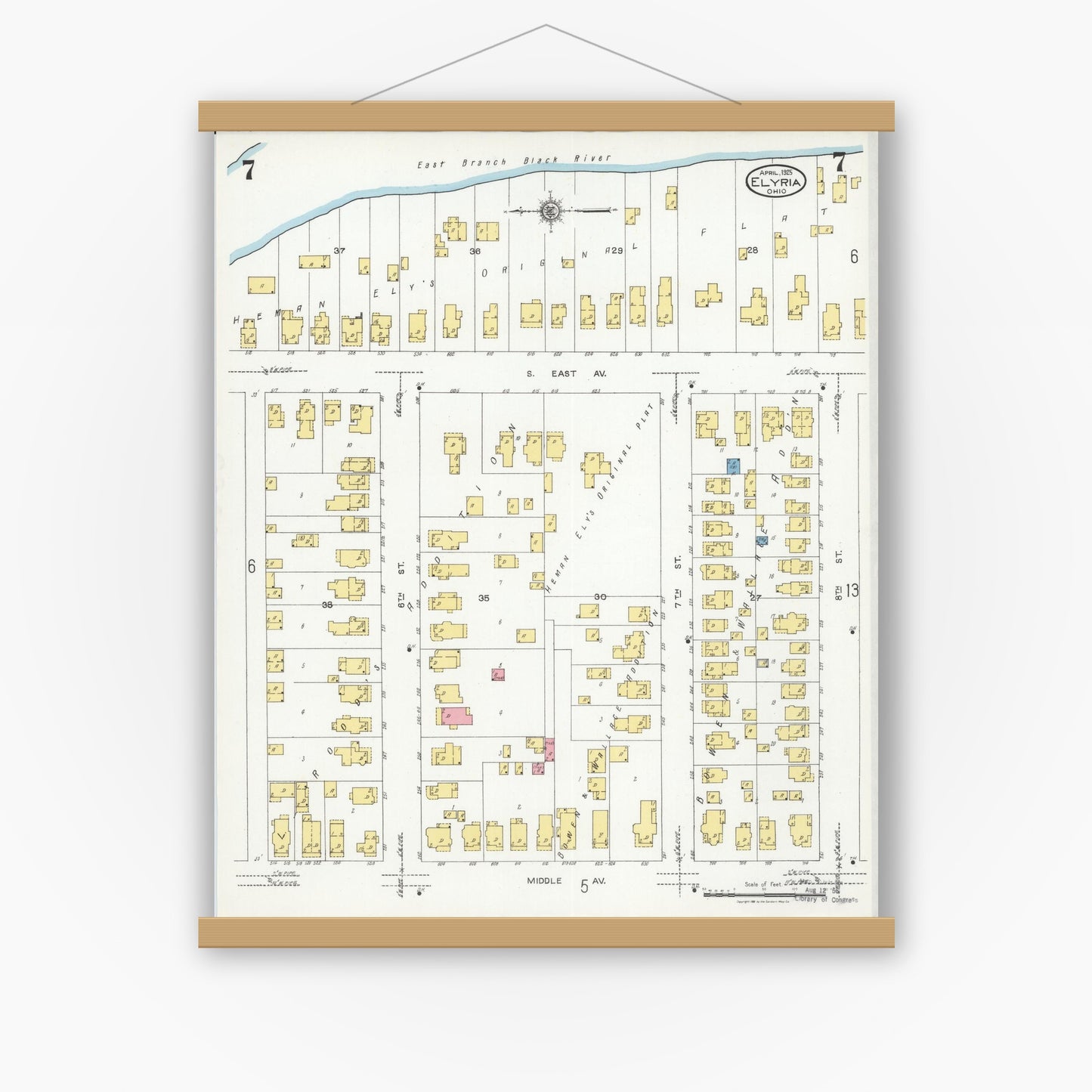Old map wall art mockup — magnetic wood frame on white wall — Sanborn Fire Insurance Map from Elyria, Lorain County, Ohio (1925), Sheet #0007