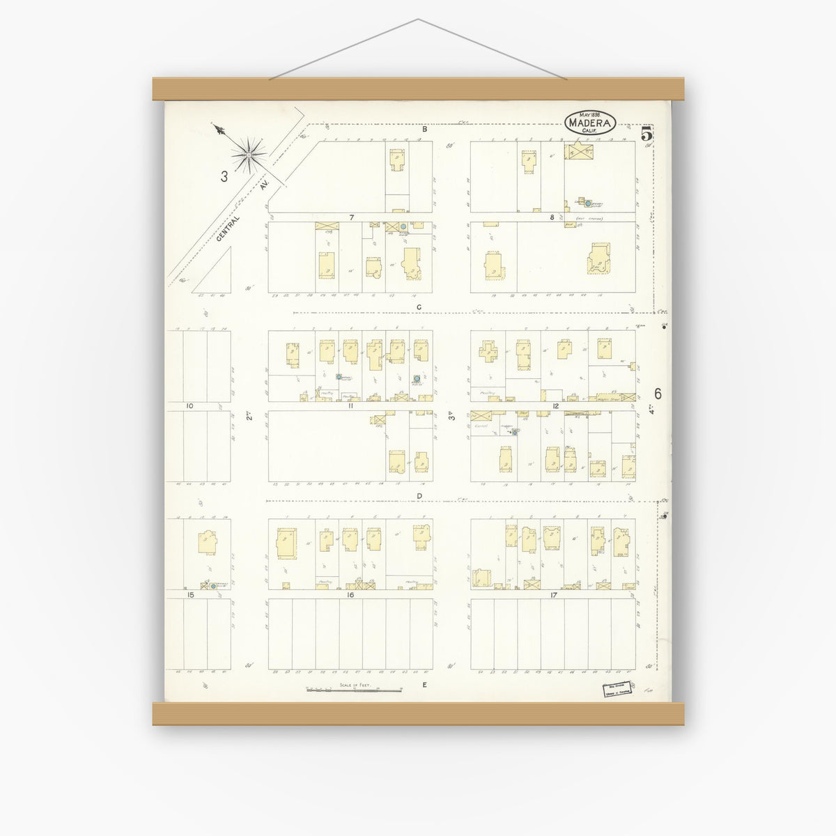 Old map wall art mockup — magnetic wood frame on white wall — Sanborn Fire Insurance Map from Madera, Madera County, California (1898), Sheet #0005