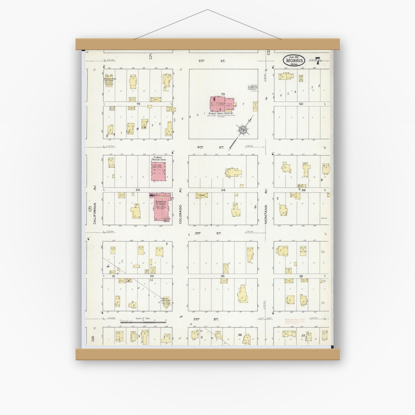 Old map wall art mockup — magnetic wood frame on white wall — Sanborn Fire Insurance Map from Morris, Stevens County, Minnesota (1915), Sheet #0007