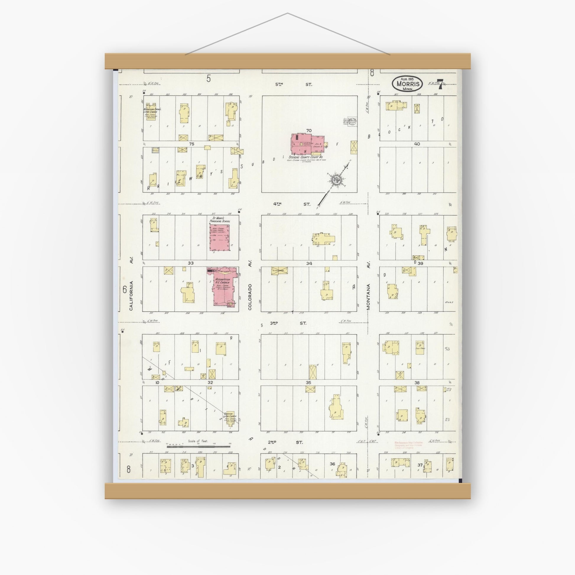 Old map wall art mockup — magnetic wood frame on white wall — Sanborn Fire Insurance Map from Morris, Stevens County, Minnesota (1915), Sheet #0007