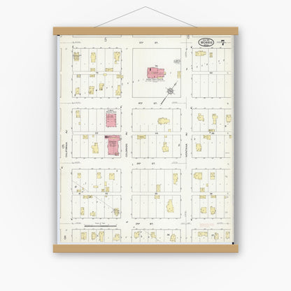 Old map wall art mockup — magnetic wood frame on white wall — Sanborn Fire Insurance Map from Morris, Stevens County, Minnesota (1915), Sheet #0007